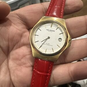 Working Vintage Helbros Quartz‎ Mens Watch Gold Tone 34mm Red Leather Band Fit 8